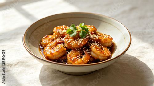 Traditional sesame shrimp with cilantro garnish in deep porcelain bowl, popular chinese savory seafood dish