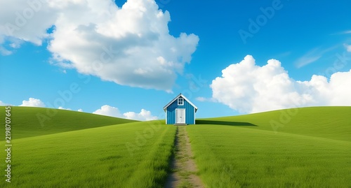 small blue house on green hill with blue sky and white cloud background