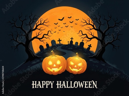 Happy halloween pumpkins with moon and cemetery background