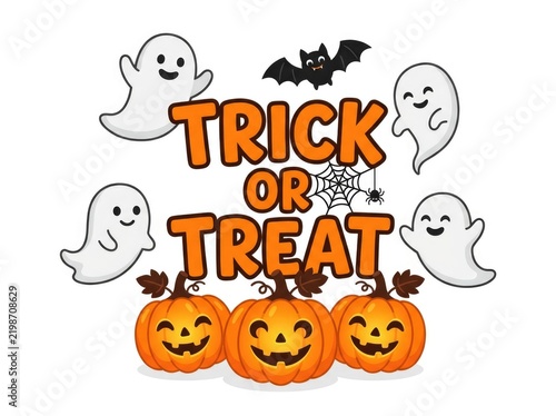 Halloween trick or treat illustration with ghosts and pumpkins