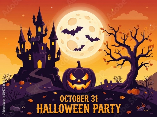 Halloween party illustration with jack o lantern and haunted castle
