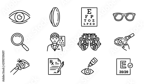 Eye Examination and Optometry Line Icons – Vision Care Outline Vector Set