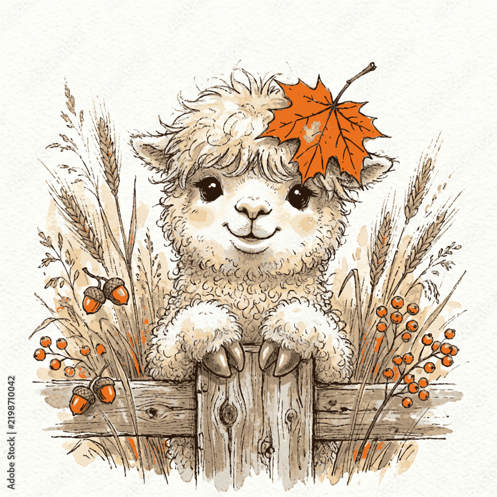 Fototapeta premium A cute fluffy alpaca cartoon character wearing an orange autumn maple leaf standing behind a wooden fence in the fall season with whimsical