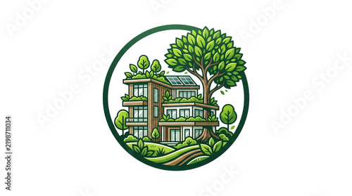 Eco house and green building logo inside a circular frame. Featuring solar panels and a large tree