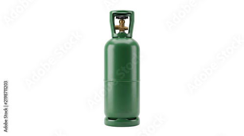 Green gas cylinder with brass valve. Industrial container for propane or refrigerant gases