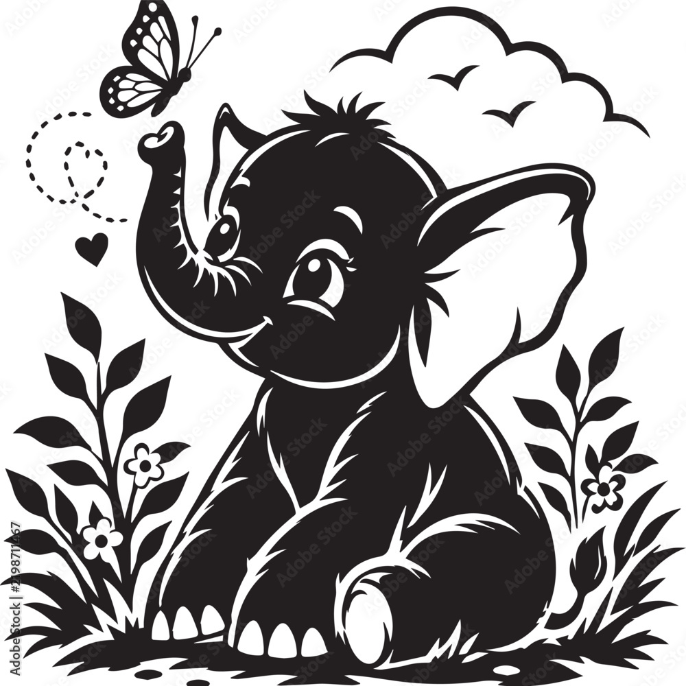Obraz premium Abstract baby elephant silhouette illustration raised trunk butterfly hearts birds clouds plants playful cute nature black vector design
