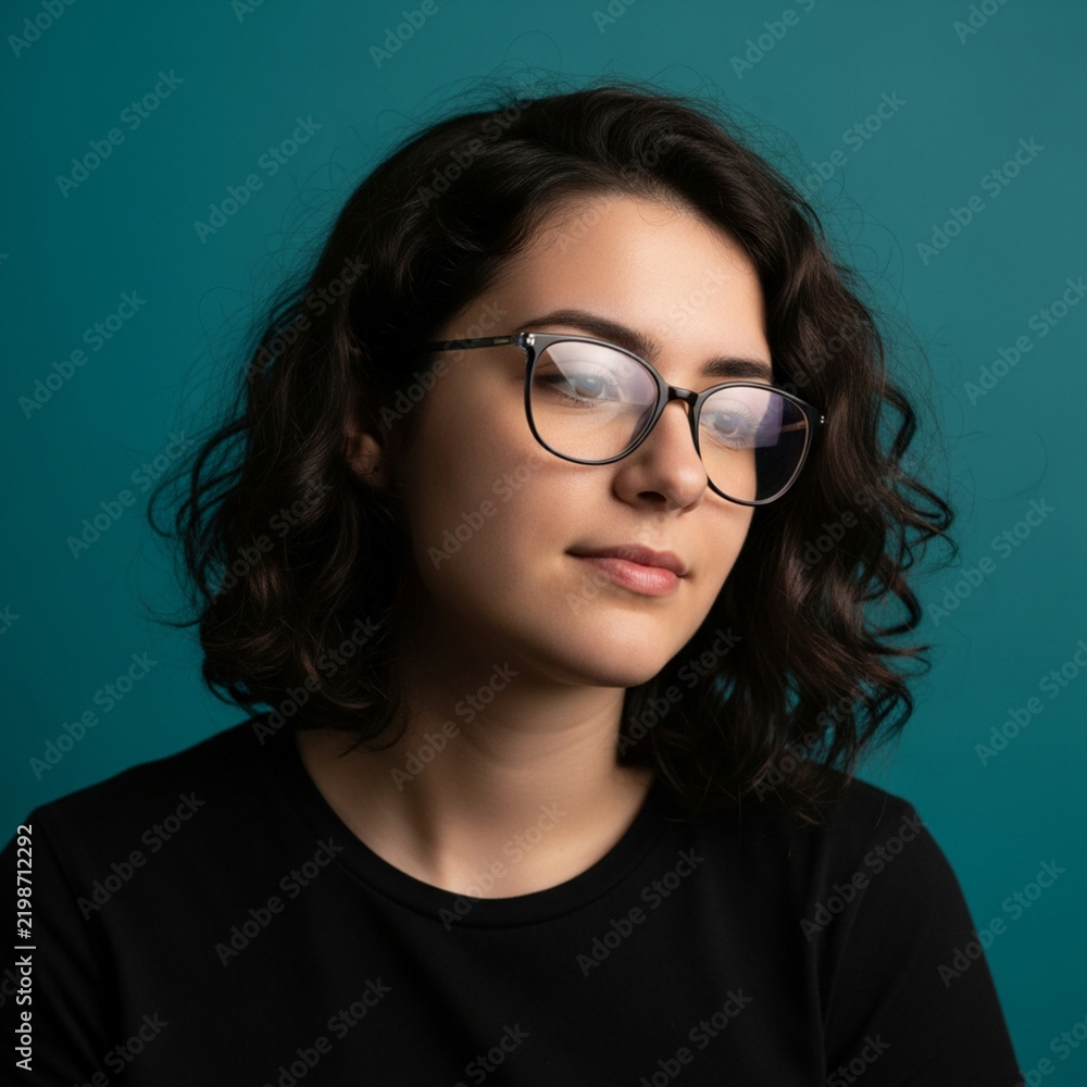 Fototapeta premium Young Woman Wearing Glasses and Black T Shirt Against Teal Background