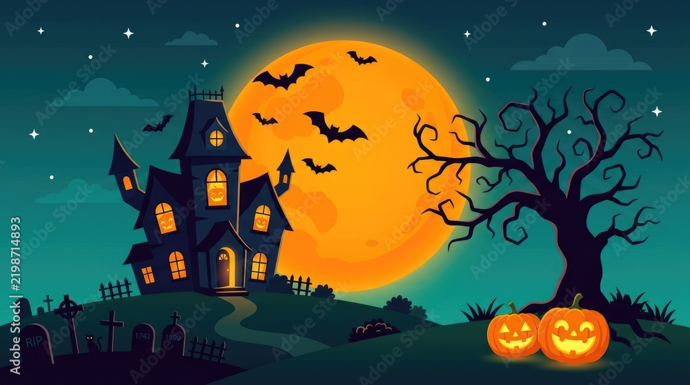 Fototapeta premium Haunted house under a full moon with jack o lanterns