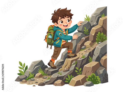 Young Boy Climbing Rocky Terrain.