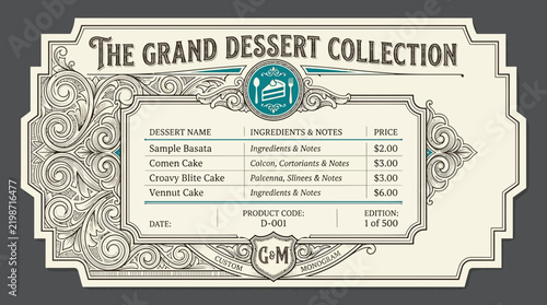 Grand Dessert Collection Label - Vintage Ornate Menu & Price List