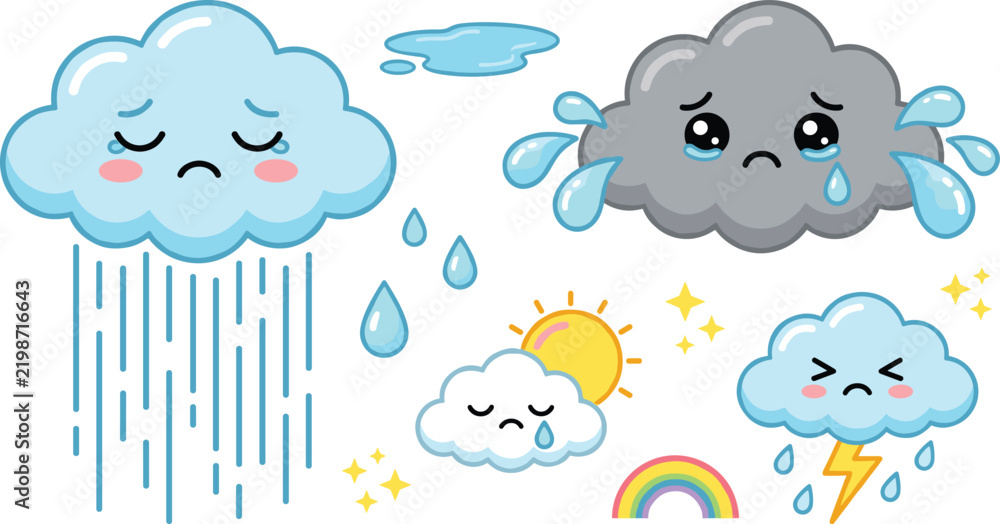Obraz premium Cute Kawaii Crying Cloud Vector Set with Sad Weather Characters Raindrops Lightning and Rainbow for Kids Design Elements