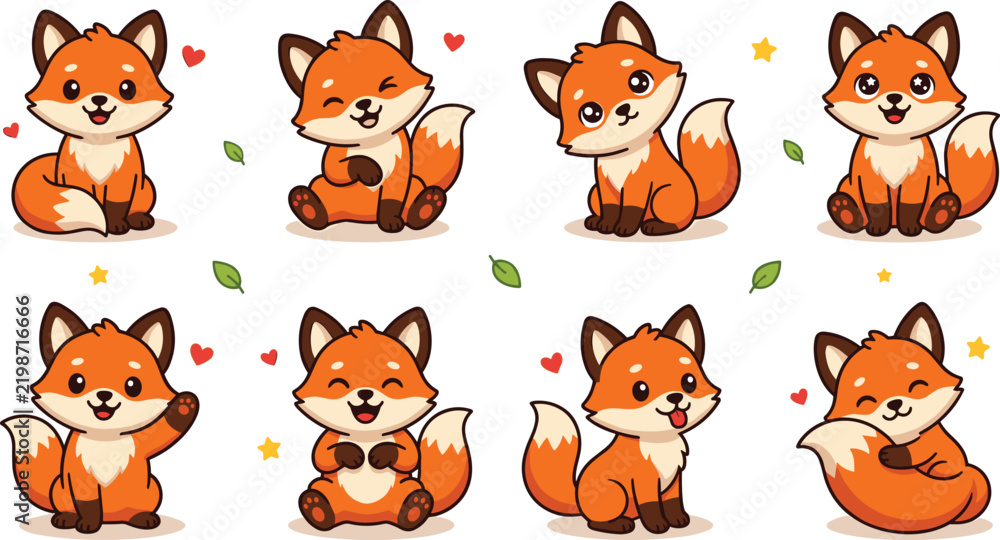 Fototapeta premium Cute Kawaii Fox Vector Character Collection Featuring Happy Little Orange Wildlife Animal Stickers with Hearts and Leaves