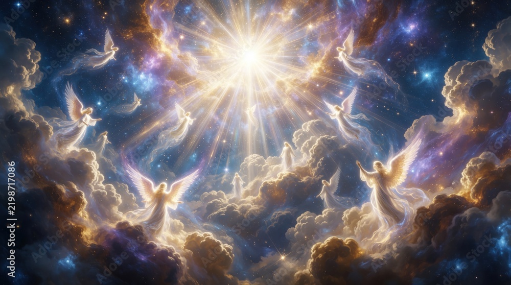Fototapeta premium Angels ascend through celestial clouds towards a divine light in the starry cosmos. Spiritual beings with wings float in ethereal sky, experiencing bliss and enlightenment in afterlife.
