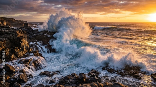 Dramatic ocean wave crashing on rocky shore at sunset, powerful sea swell landscape photography, golden hour coastal nature background