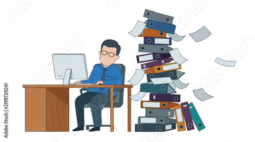 Office workload stress and overwhelmed employee with massive binder stack in modern flat vector for corporate burnout and productivity articles
