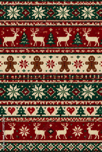 Cozy Christmas Knit Pattern Reindeer Snowflakes Gingerbread Men Trees Hearts