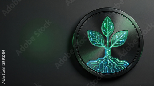 Digital shield cloud standard max plant leaf nature technology green glowing abstract symbol coin token round medallion icon future growth