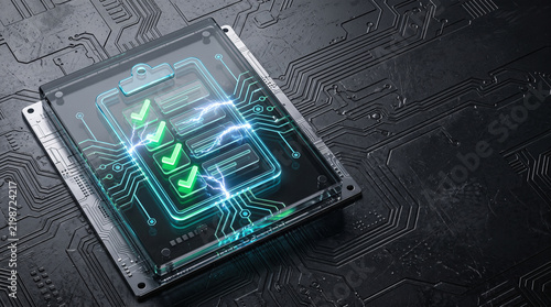 Digital shield cloud concept showing confident system security protection with checklist on circuit board