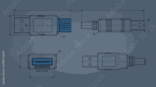 USB 3.0 technical drawing blueprint with front side back and top views CAD line art vector illustration.