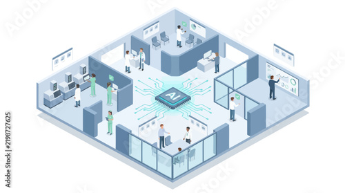 Isometric AI in Healthcare Concept with Doctors Scientists and Professionals Working in Smart Hospital Laboratory and Modern Clinic Office