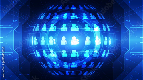 Futuristic Global Network Sphere: Glowing Digital People Icons on Blue Circuit Board Background