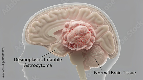 3D medical side view illustration of desmoplastic infantile astrocytoma tumor inside human brain, labelled normal brain tissue, light grey background