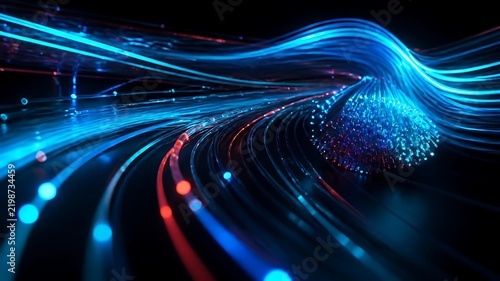 Abstract High-Speed Digital Data Streams with Blue and Purple Light Trails
