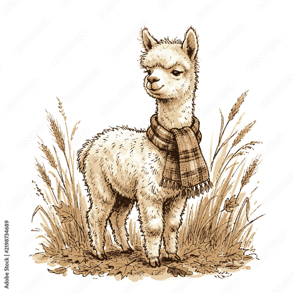 Fototapeta premium A fluffy baby alpaca wearing a cozy plaid scarf standing in a field of dry grass with stalks fallen autumn detailed ink sketch