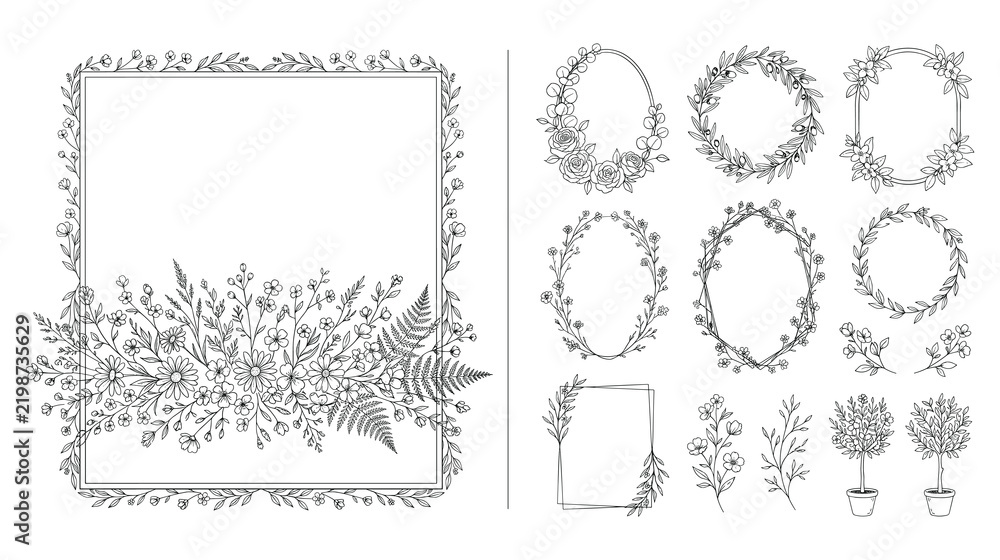 Fototapeta premium Elegant floral frames and botanical wreath collection line art.
