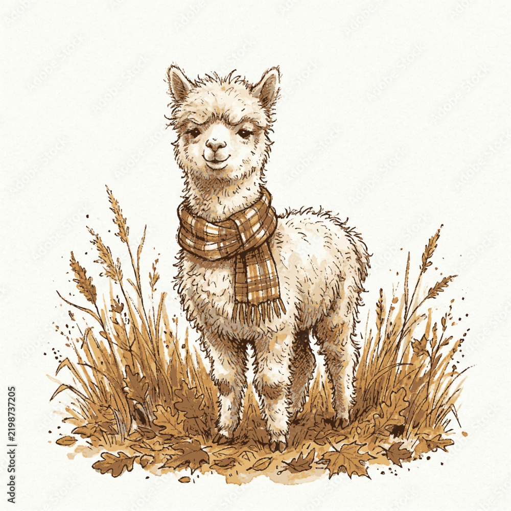 Fototapeta premium A cute fluffy baby alpaca wearing a warm plaid scarf standing in a field of dry grass with sepia toned illustration grass fallen leaves