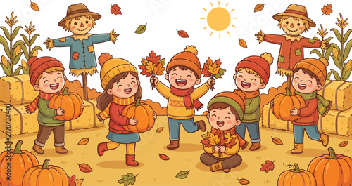 Happy children playing with pumpkins and leaves at a pumpkin patch in autumn children pumpkins seasonal outdoors celebration scarecrow