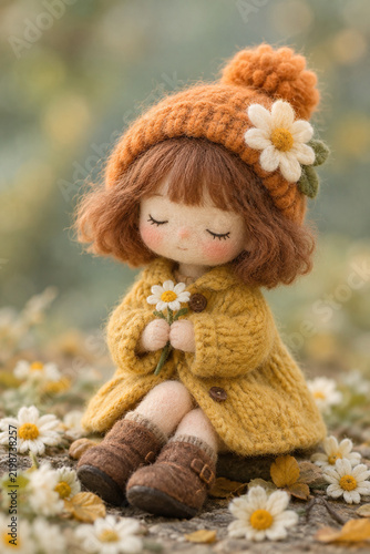Cute felt doll holding daisies in autumn outdoor setting