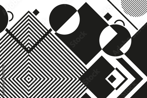 Abstract black and white geometric composition featuring a dynamic mix of sharp stripes, concentric squares, and contrasting split circles in bauhaus and op-art style.