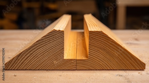 carpenter. Two pieces of wood with precise angle cuts joined on a carpenter's workbench. safety posters, maintenance manuals, designed for precision metalworking and fabrication facilities.