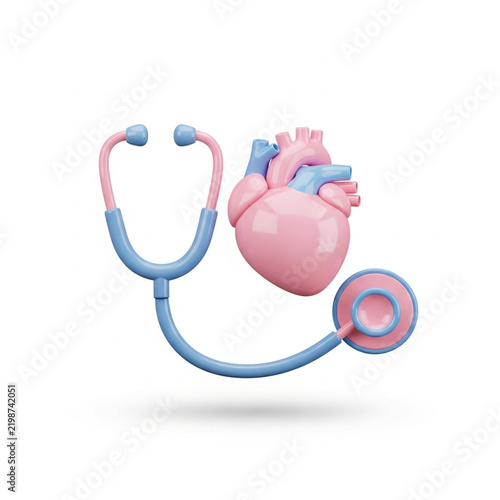 Stylized 3D illustration of a pink heart with a blue and pink stethoscope on a white background symbolizing healthcare and cardiology