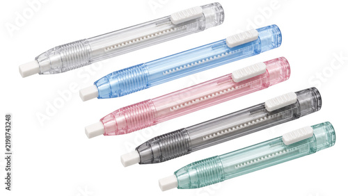 Japanese precision eraser set, five retractable eraser pens, clear blue pink smoke and mint, no branding. Studio shot isolated on white background for drawing and drafting catalog.