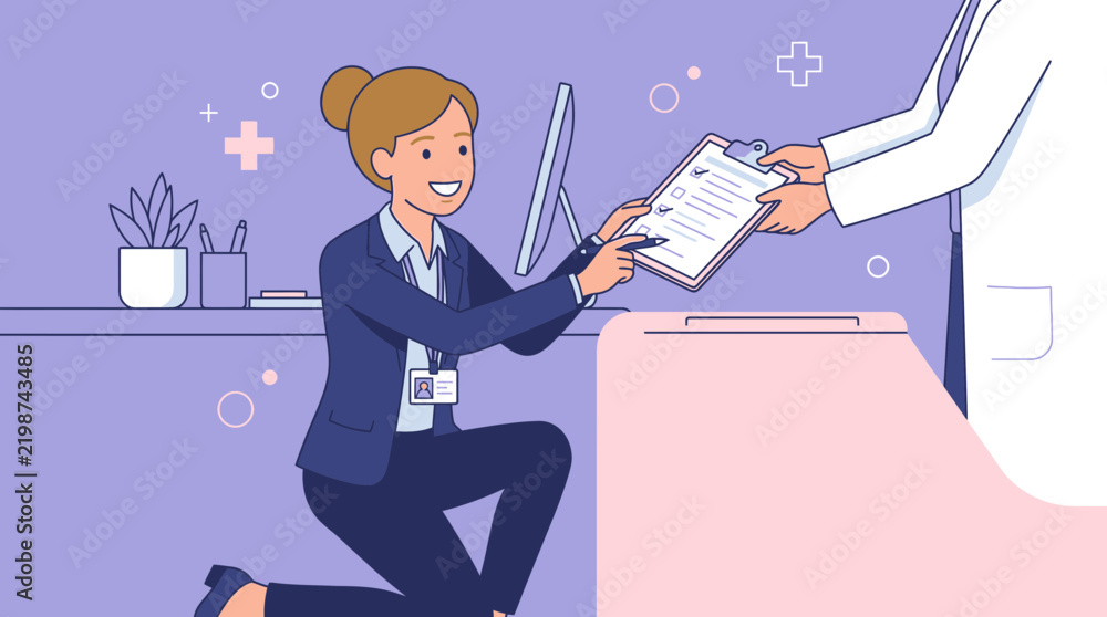 Obraz premium Woman in Suit Hands Clipboard to Doctor in Lab Coat, Office Task