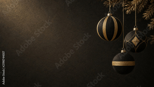 Black and gold Japanese temari style Christmas ornaments with copy space