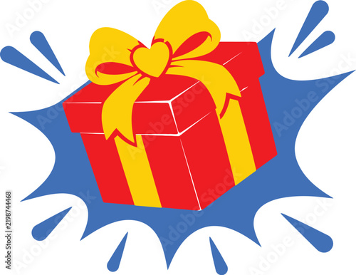 Colorful Red Gift Box with a Heart-Shaped Yellow Ribbon on a Dynamic Blue Starburst Background - Festive Vector Illustration for Holidays, Birthdays, and Surprise Celebrations.
