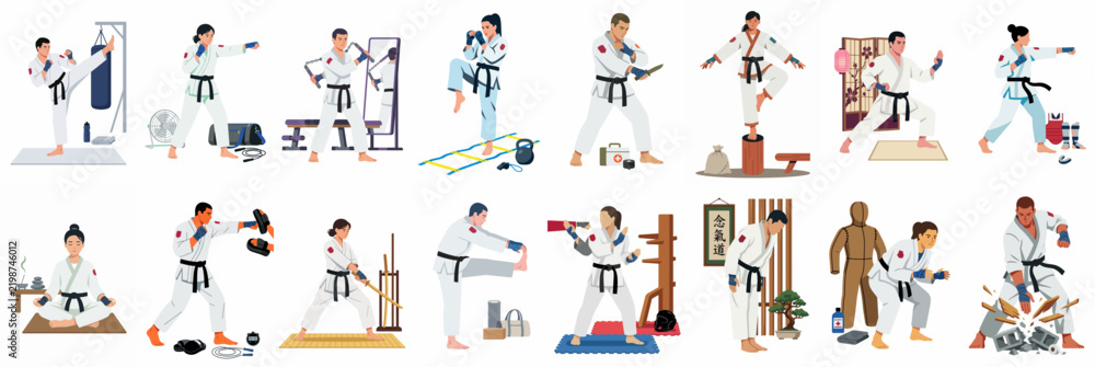 Obraz premium Illustrations of martial arts practitioners in white uniforms demonstrating techniques including kicks, punches, board breaking, meditation, and training with various equipment.