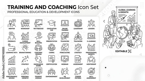 Training and Coaching Icon Set: A comprehensive collection of professional education and development icons, showcasing concepts like mentorship, skill-building, and e-learning.