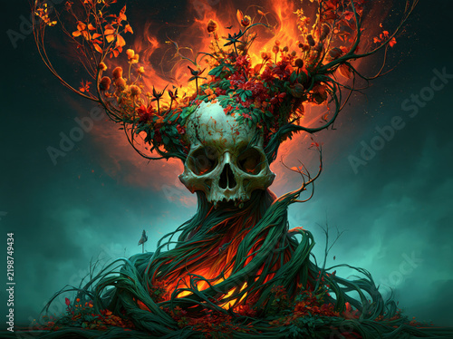 Surreal Skull Entwined with Vines Flowers and Fire Created with Generative AI Technology AI Generative