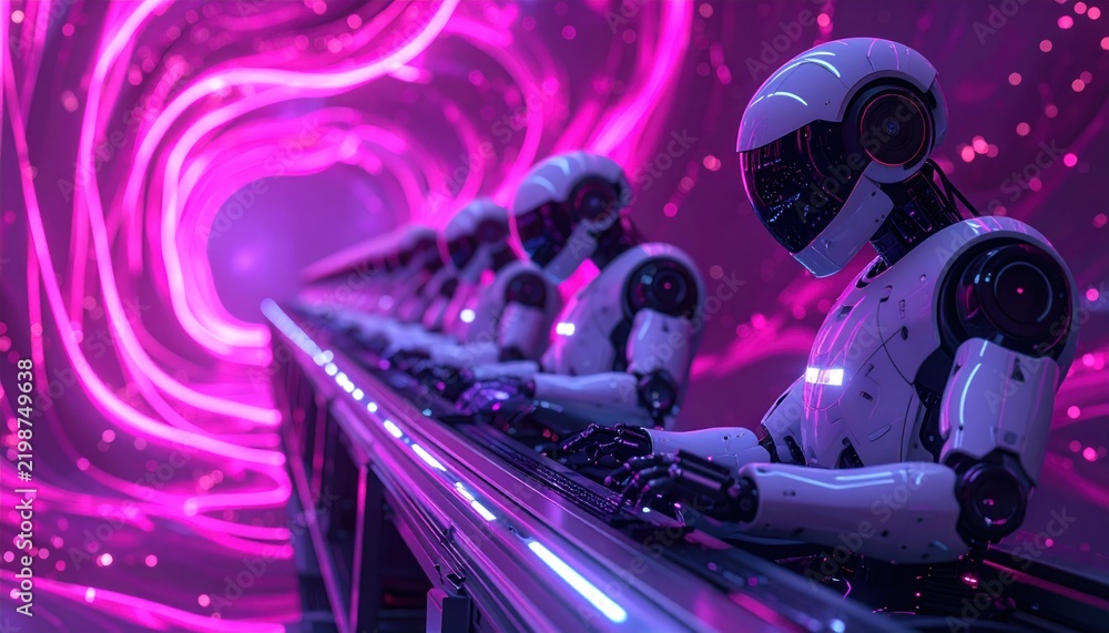 Fototapeta premium Robots in a futuristic tunnel with glowing pink and purple lights.