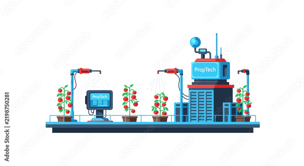 Obraz premium Automated Smart Farming Illustration with Robotic Irrigation and PropTech Monitoring