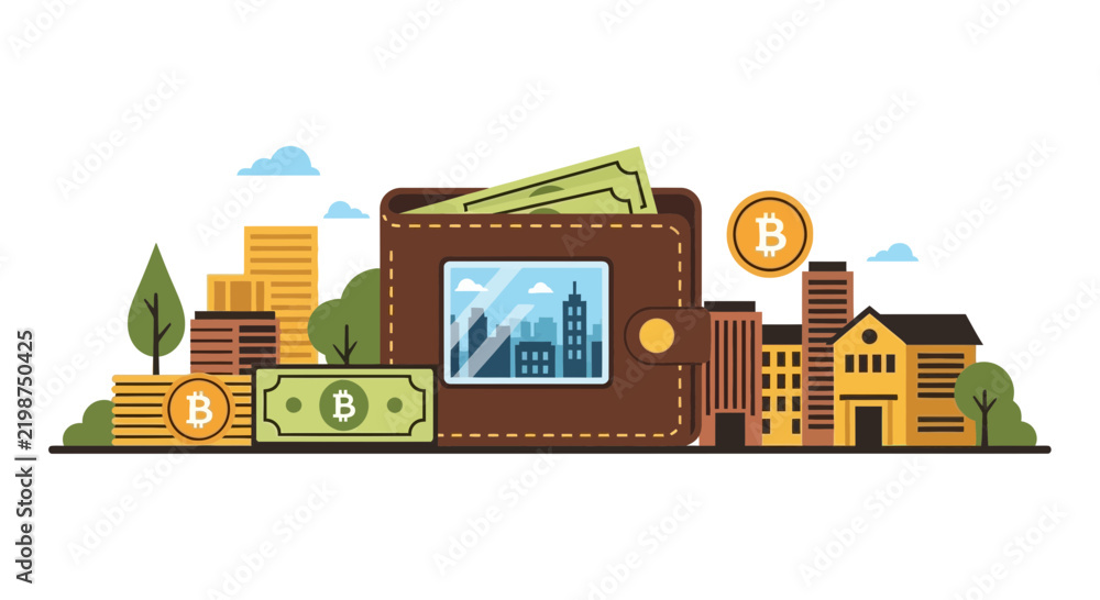 Obraz premium Flat Vector Illustration of Bitcoin Wallet and Cityscape Finance Concept