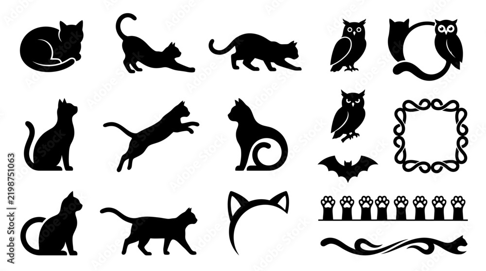 Obraz premium Halloween: Silhouette cats and bats vector design Editable EPS