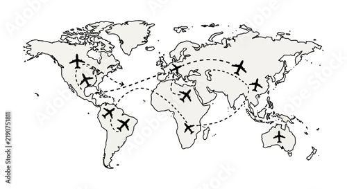 Airplanes flying around the world map.