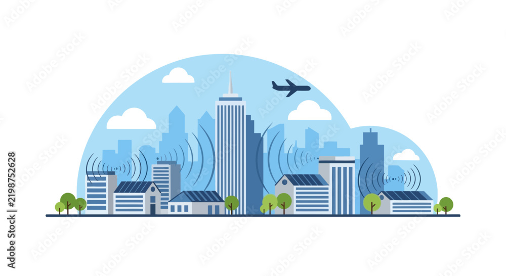Obraz premium Smart City Connectivity Illustration with Wireless Signals and 5G Network Concept