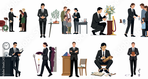 Bild auf Leinwand Vector illustration collection showing various funeral service professionals, morticians, and mourning families in different stages of bereavement and memorial services