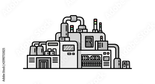 Industrial factory building with smokestacks.